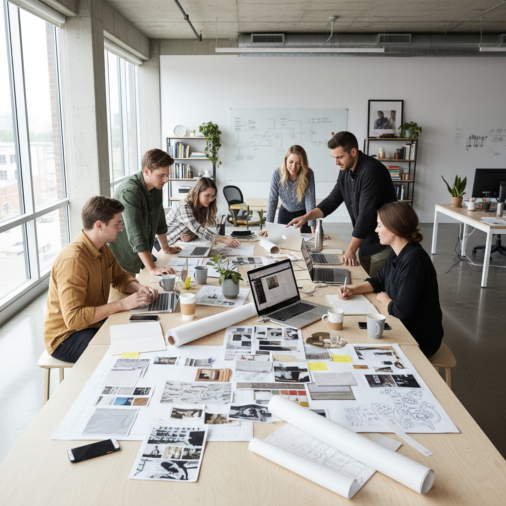 Modernes Agentur-Workspace – Designer, Moodboards und Laptops